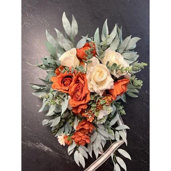Large Silk Wedding Bouquet Orange Ivory Roses Cascade Bridal Flowers 23" x 18" - Picture 4 of 8